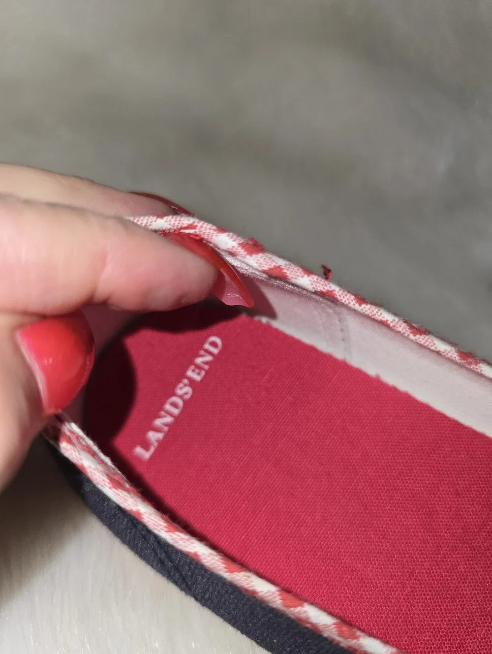 Lands End Girls Navy Canvas Ballet Flats with Red Gingham Trim & Bow